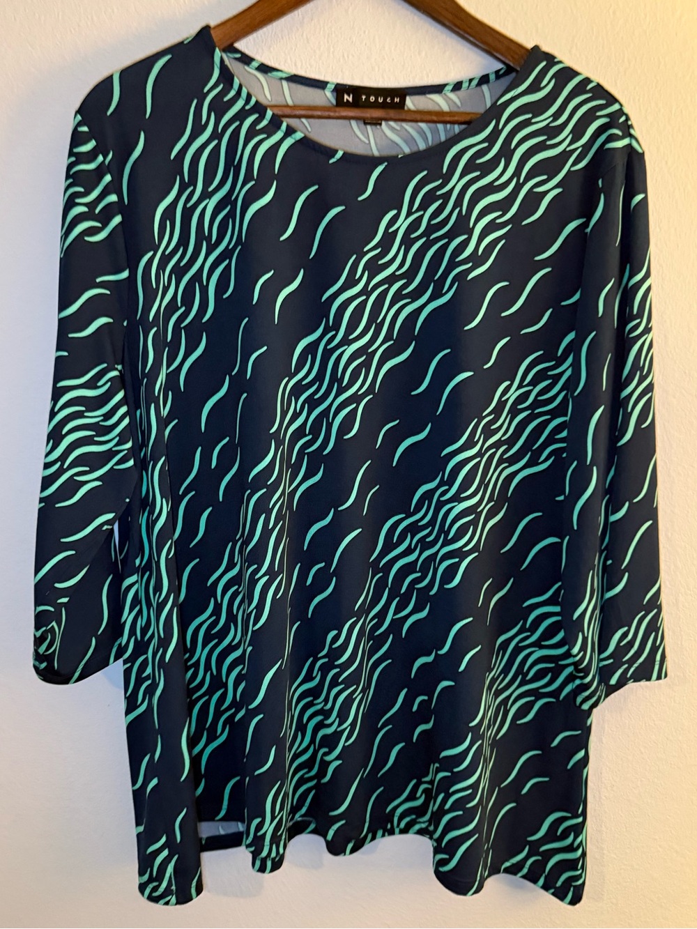 N Touch Navy Long-Sleeve Top with Teal Wave Print